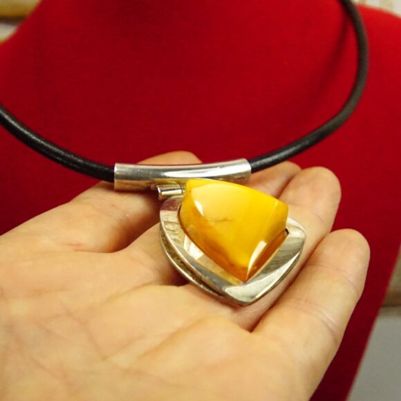 Baltic Amber and 925 Silver Black Leather Cord Modernist Necklace 18" - Her Gift - Picture 4 of 14
